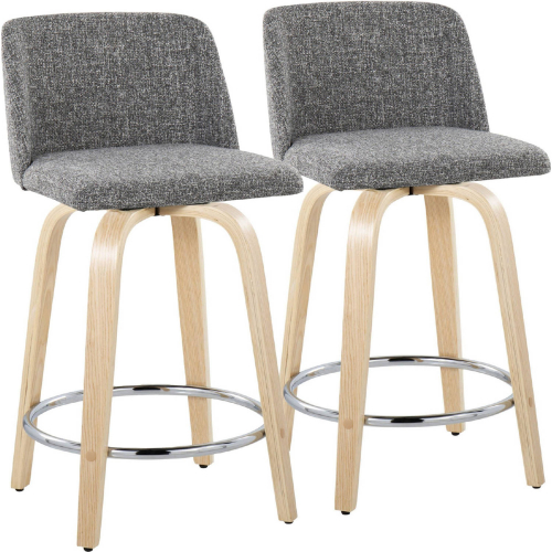 Toriano 24" Swivel Counter Stool in Natural Wood & Grey Noise Fabric w/ Chrome Footrest (Set of 2)